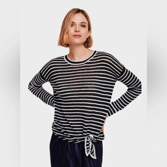 White + Warren Striped Knotted Linen Sweater in Black & White - Picture 1 of 9